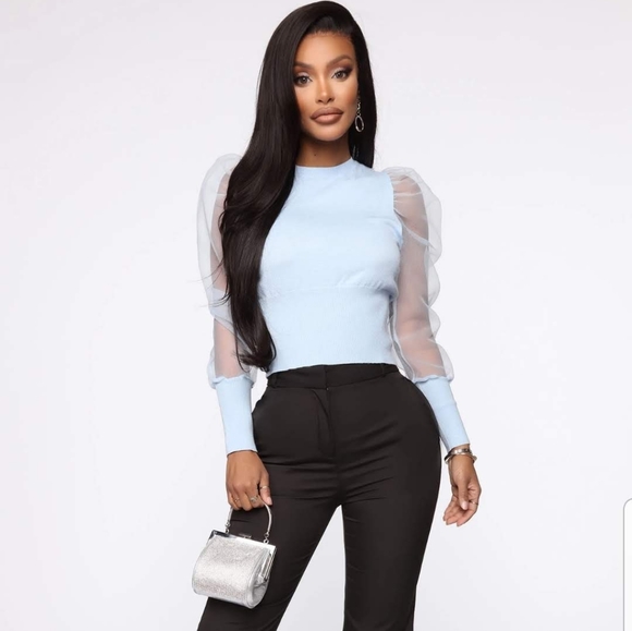 Fashion Nova Baby Blue Shirt Sheer Sleeves XL L - Picture 1 of 5